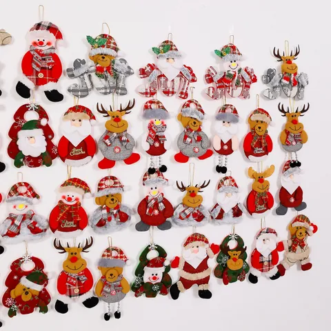 Christmas Fabric Doll Hanging Ornaments Plaid Santa Snowman Reindeer Bear Tree Decorations For Holiday Home Party Decor