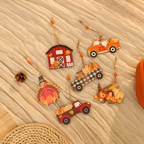 Thanksgiving Wooden Hanging Ornaments Harvest Festival Painted Turkey Red Barn Pumpkin Truck Ornaments Rustic Fall Home Decor For Party