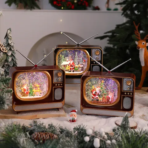 Rétro Noël TV Boîte à Musique Boule à Neige avec Lumière LED Chute de Neige Automatique Père Noël Renne Décoration de Vacances