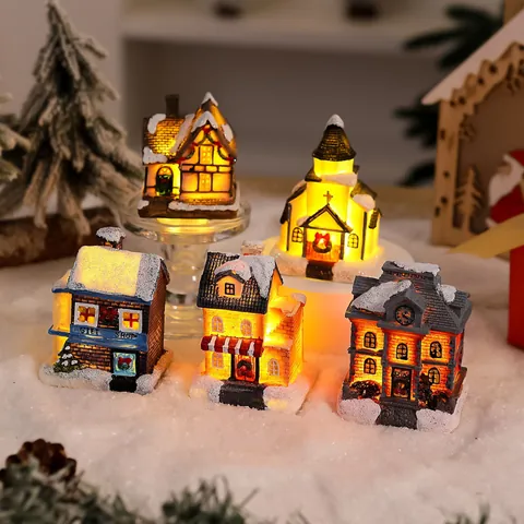 Christmas Village House Resin LED Light Up Snow Scene European Style Miniature Cottages Church Ornament Festive Decor Gift