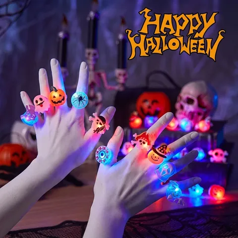 Anillos Luminosos LED de Halloween para Niños Luces de Dedo de Dibujos Animados Calabaza Calavera Murciélago para Regalos de Fiesta Accesorios de Foto