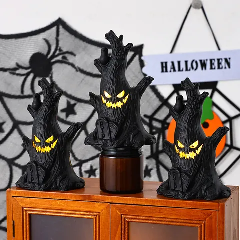 Halloween Glowing Ghost Tree Trunk Lamp Black Plastic LED Candle Light With RIP Tombstone Scary Face Indoor Tabletop Decoration