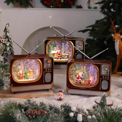 Navidad Vintage TV Caja de Música Globo de Nieve con Luz LED Nevada Automática Papá Noel Reno Escena Decoración Navideña