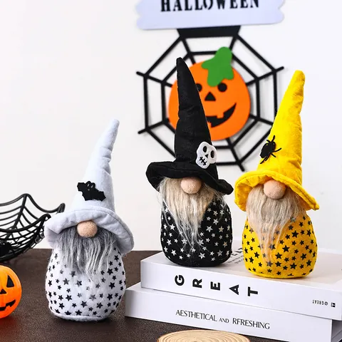 Halloween Faceless Gnome Doll Rudolf Ornament Plush Felt Dwarf With Spider Bat Skull Decoration For Home Mall Window Display