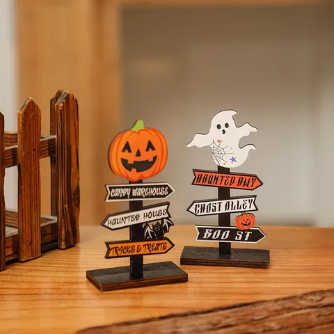 Panneau de Table en Bois d'Halloween Design Fantôme Citrouille Ornement de Bureau pour Fête de Maison Hantée Signe Décoratif en Bois