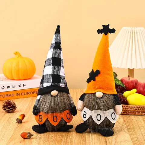 Halloween Faceless Gnome Rudolph Plush Doll With BOO Banner Plaid Orange Bat Hat Decorative Handmade Table Ornament Home Decor