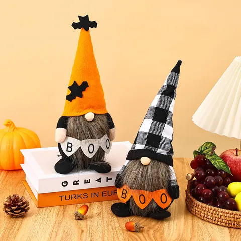 Halloween Faceless Gnome Rudolph Plush Doll With BOO Banner Plaid Orange Bat Hat Decorative Handmade Table Ornament Home Decor