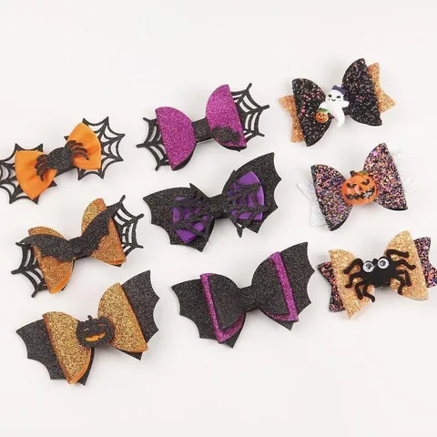 Halloween Paillettes Nœud Barrettes à Cheveux Ensemble Fantôme Citrouille Araignée Chauve-souris Paillettes Nœud Épingles à Cheveux Fête Coiffure pour Femmes Filles