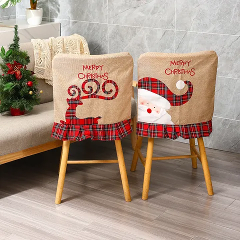 Burlap Christmas Chair Back Covers Embroidered Santa Reindeer Plaid Ruffle Dining Seat Protector For Holiday Hotel Party Decor