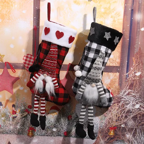 Christmas Stocking Buffalo Plaid Gnome Dangling Legs Decor Large Xmas Fireplace Hanging Gift Bag For Kids Home Party Decoration