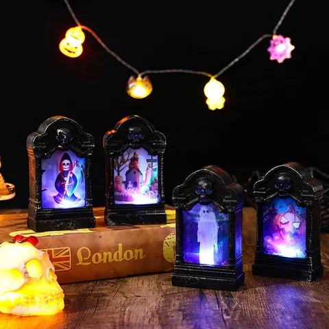 Halloween Glowing Tombstone Ornament LED Night Light Plastic Skull Pumpkin Ghost Witch Decorative Lamp For Haunted House Party Decor