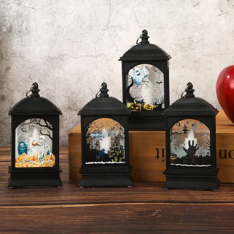 Lanterna LED Retro di Halloween Luce Notturna Silhouette di Teschio Fantasma Castello Lampada Decorativa da Tavolo per Festa Bar