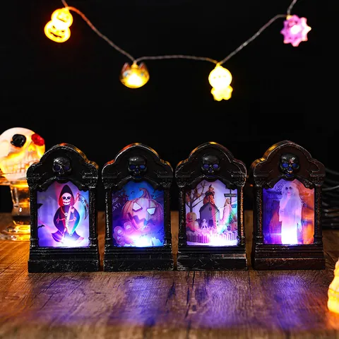 Halloween Glowing Tombstone Ornament LED Night Light Plastic Skull Pumpkin Ghost Witch Decorative Lamp For Haunted House Party Decor