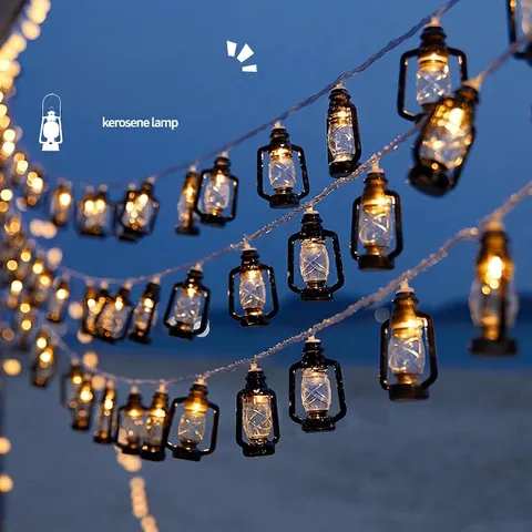 Vintage Halloween LED String Lights Retro Kerosene Lamp Shape Warm Yellow Light Plastic Waterproof Outdoor Camping Decor