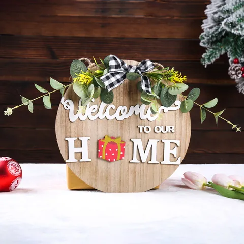 DIY Interchangeable Seasonal Welcome Sign For Front Door Wooden Welcome To Our Home Rustic Round Wreath Hanging Decor For Christmas Halloween Home Decor