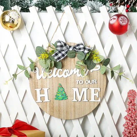 DIY Interchangeable Seasonal Welcome Sign For Front Door Wooden Welcome To Our Home Rustic Round Wreath Hanging Decor For Christmas Halloween Home Decor