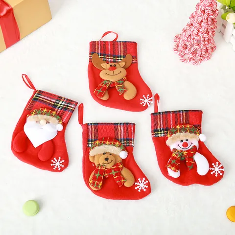 Red Plaid Cuff Christmas Stocking Gift Bag Santa Reindeer Snowman Bear Character Hanging Ornament Tree Party Decoration