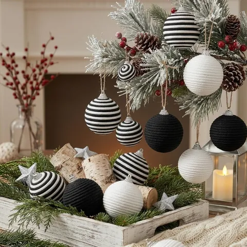 12Pcs Black White Striped Wool Christmas Ball Ornaments Hand Woven Yarn Hanging Pendants For Tree Nordic Holiday Decor