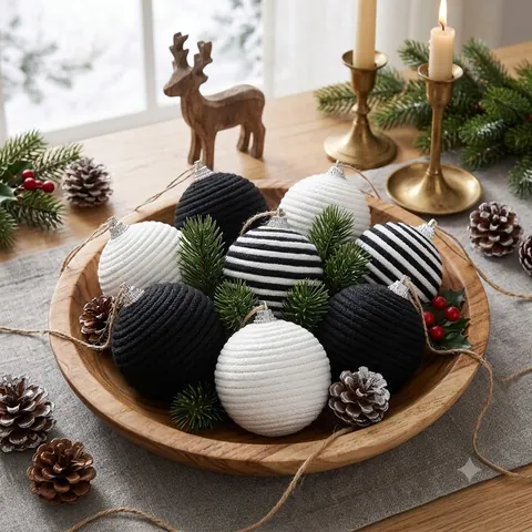 12Pcs Black White Striped Wool Christmas Ball Ornaments Hand Woven Yarn Hanging Pendants For Tree Nordic Holiday Decor