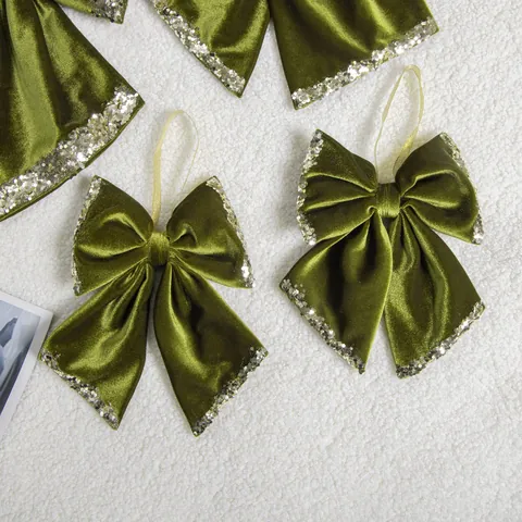 Vintage Olive Green Velvet Christmas Bow Ornament with Gold Sequin Edges and Long Streamers for Holiday Tree Decoration