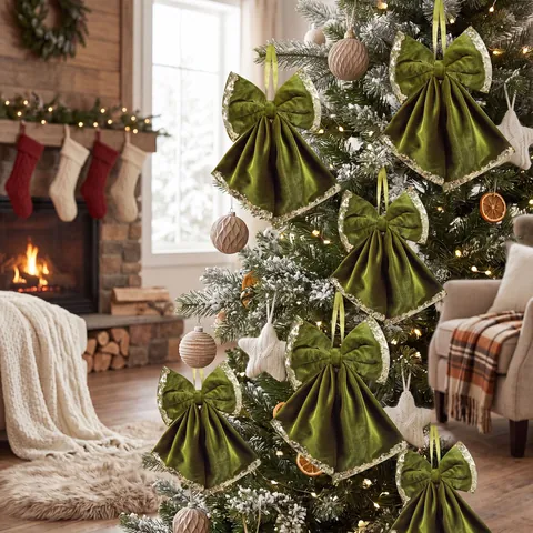 Vintage Olive Green Velvet Christmas Bow Ornament with Gold Sequin Edges and Long Streamers for Holiday Tree Decoration