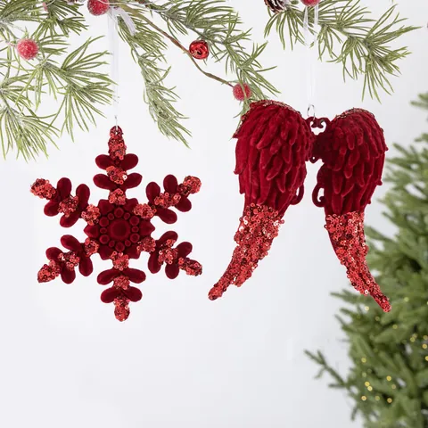Burgundy Flocked Sequin Christmas Hanging Ornaments Glitter Reindeer Snowflake Wings For Holiday Xmas Tree Window Decor Accessories