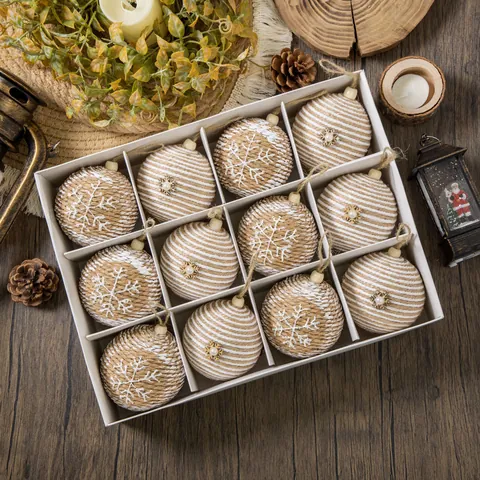 Rustic Jute Rope Christmas Ball Ornaments Hand Wrapped Twine Pendants With Snowflake Pattern For Holiday Tree Home Decor
