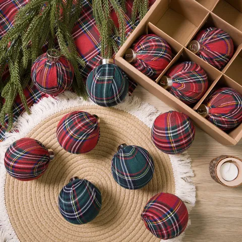 9Pcs Christmas Plaid Cloth Ball Ornaments Set Tartan Pattern Hanging Tree Decorations For Holiday Home Party Decor