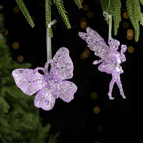 Glitter Plastic Christmas Tree Hanging Ornaments For Party Decor Iridescent Icicle Snowflake Angel Butterfly Bow Knotted Pendant Holiday Decoration