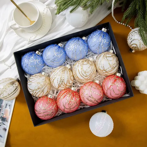 Christmas Sequin Mesh Ball Ornaments 12-Piece Gift Box Set Plastic Glitter Hanging Decorations For Christmas Tree Window Display