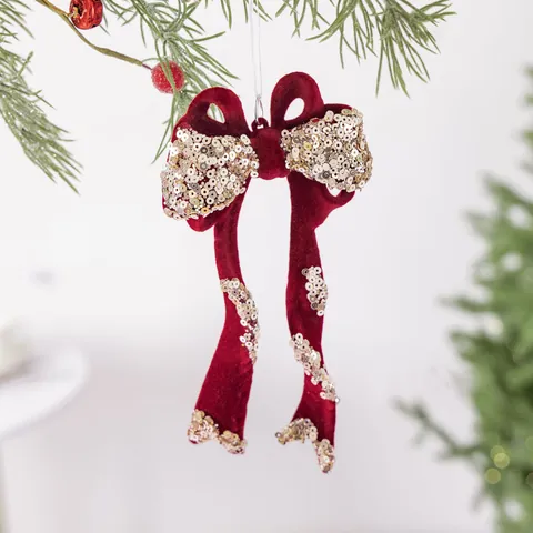 Red Flocked Christmas Ornaments With Gold Sequins Hanging Christmas Tree Decorations For Holiday Party Shop Window Decor