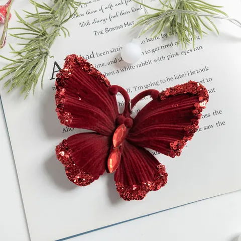 Burgundy Flocked Sequin Christmas Hanging Ornaments Glitter Reindeer Snowflake Wings For Holiday Xmas Tree Window Decor Accessories