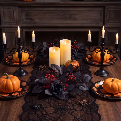 Halloween Προσομοίωση Στεφάνι Φύλλων Σφενδάμου Δαχτυλίδι Κηροπήγιο Μαύρο Τριαντάφυλλο Κόκκινο Μούρο Γοτθικό Ημέρα Ευχαριστιών Στεφάνι Τραπεζιού Διακόσμηση