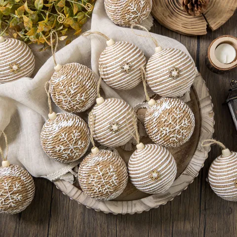 Rustic Jute Rope Christmas Ball Ornaments Hand Wrapped Twine Pendants With Snowflake Pattern For Holiday Tree Home Decor