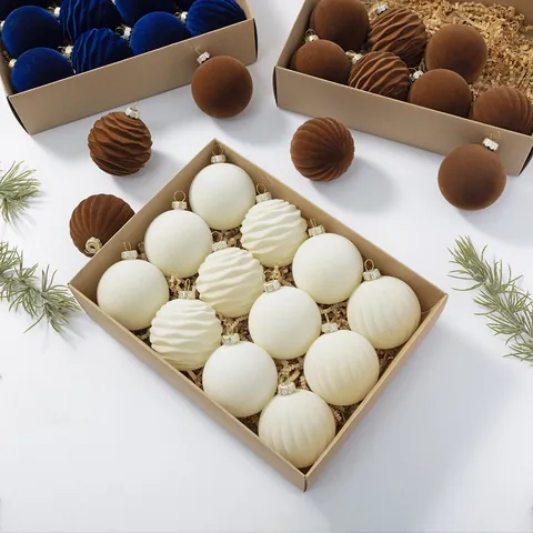 Vintage Flocked Christmas Ball Ornaments Set For Christmas Tree Home Party Decor Plastic Velvet Ribbed Hanging Bulbs