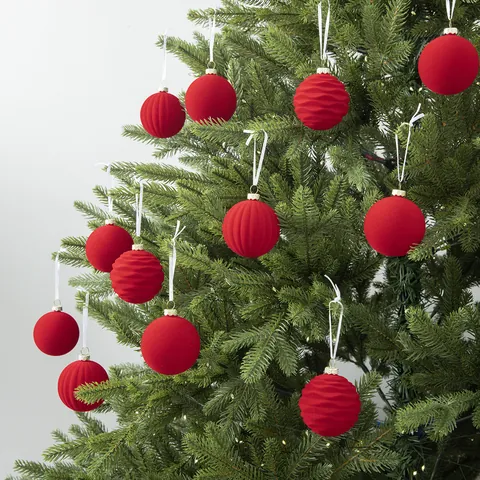 Vintage Flocked Christmas Ball Ornaments Set For Christmas Tree Home Party Decor Plastic Velvet Ribbed Hanging Bulbs