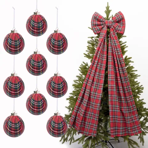 Plaid Fabric Wrapped Christmas Ball Set With Large Tartan Tree Topper Bow Decorative Hanging Ornaments For Home Party Holiday Decor