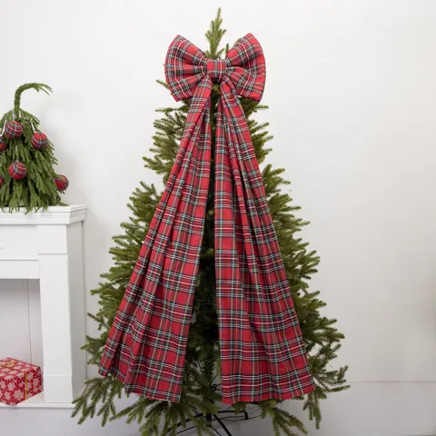 Plaid Fabric Wrapped Christmas Ball Set With Large Tartan Tree Topper Bow Decorative Hanging Ornaments For Home Party Holiday Decor