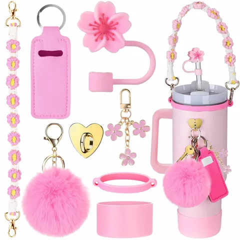 Kirschblüte Strohhalmabdeckung Zubehör-Set Mit Geflochtenem Griff Pompon Schlüsselanhänger Lippenstifttasche Silikonstiefel Für 40oz Becher