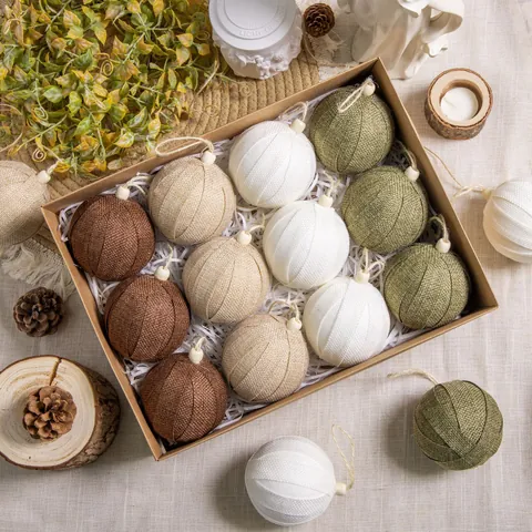 12Pcs Christmas Linen Burlap Decorative Hanging Balls Set With Wood Beads Rustic Farmhouse Ornaments For Holiday Tree Window Display