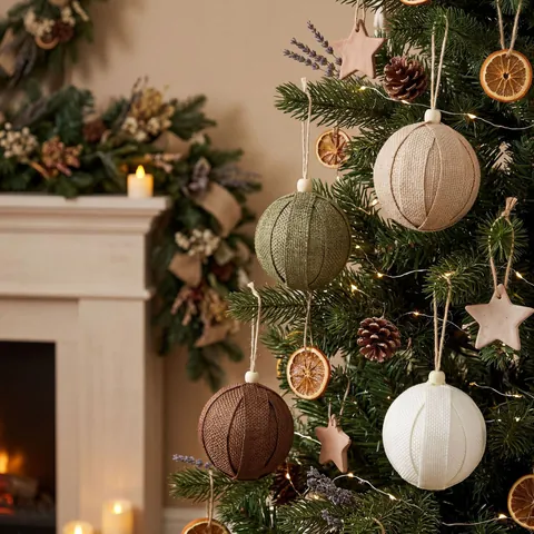 12Pcs Christmas Linen Burlap Decorative Hanging Balls Set With Wood Beads Rustic Farmhouse Ornaments For Holiday Tree Window Display