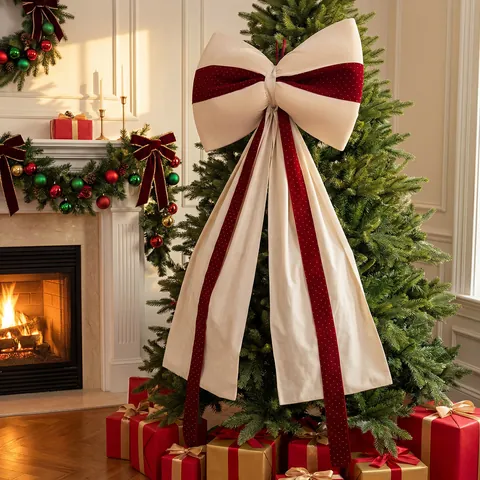 Large Christmas Tree Topper Bow With Long Streamers Red Velvet Fabric Decorative Bowknot For Xmas Tree Holiday Party Decor