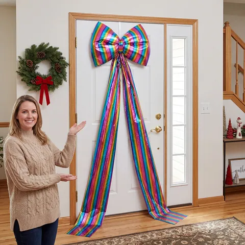 Large Christmas Tree Bow Topper Laser Rainbow Metallic Green Red Gold Silver Hanging Decoration For Home Holiday Party Decor