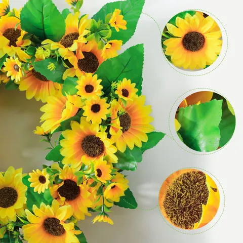 Couronne de Tournesols Artificiels Jaune Printemps Été Florale pour Décoration de Porte Murale Maison Pâques