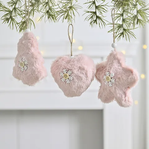 Nordic Plush Christmas Hanging Ornament Heart Star Tree Shape Faux Fur Decoration With Wooden Button For Christmas Tree Decor