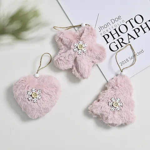 Nordic Plush Christmas Hanging Ornament Heart Star Tree Shape Faux Fur Decoration With Wooden Button For Christmas Tree Decor