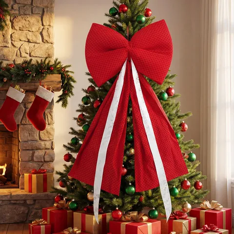 Large Christmas Tree Topper Bow With Long Streamers Red Velvet Fabric Decorative Bowknot For Xmas Tree Holiday Party Decor