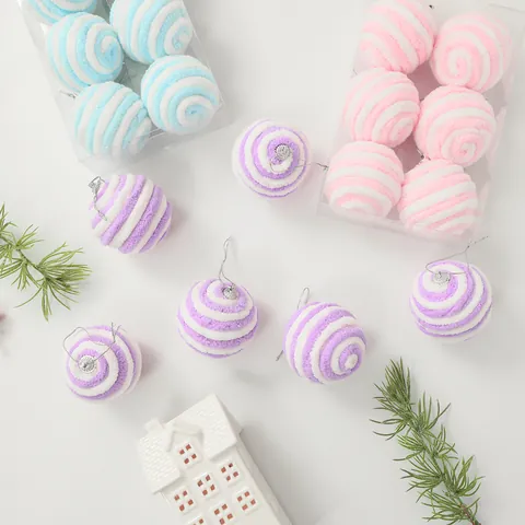 Plush Foam Christmas Ball Ornaments Set Spiral Stripe Red White Flocked Hanging Balls For Christmas Tree Decorations