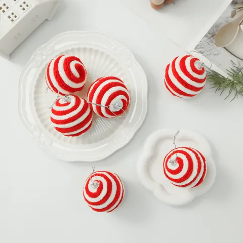 Plush Foam Christmas Ball Ornaments Set Spiral Stripe Red White Flocked Hanging Balls For Christmas Tree Decorations