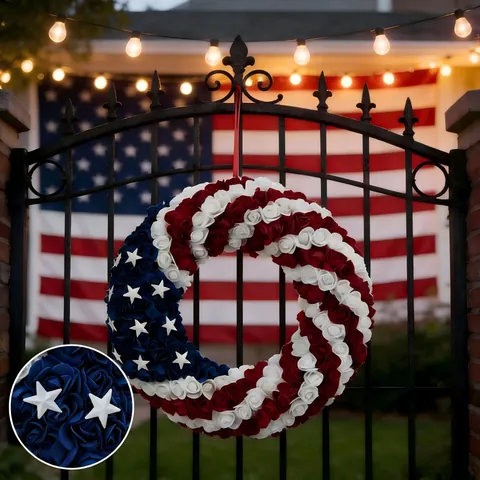 American Independence Day Wreath Handmade Plastic Foam Flower Patriotic Red White Blue Star Striped Door Home Party Decor